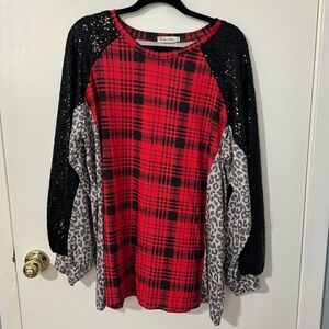 Buffalo plaid, cheetah, and black sparkle long sleeve top